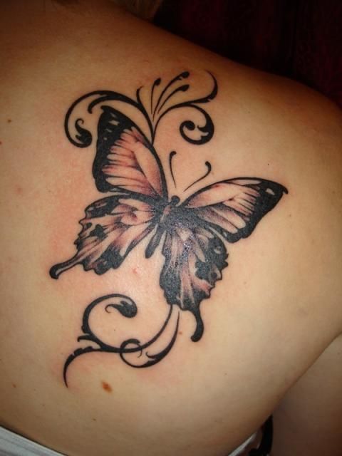Gorgeous Black Butterfly Tattoo On Right Back Shoulder