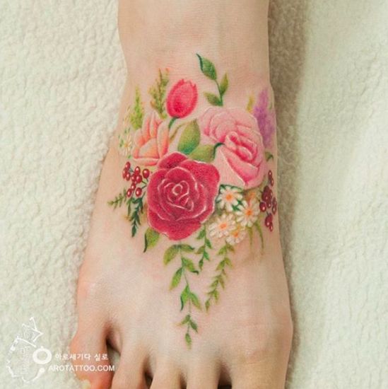 Gorgeous Flowers Tattoo On Foot