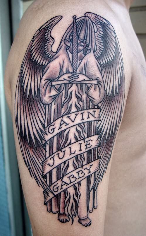 Gothic Angel Tattoo On Man Right Shoulder