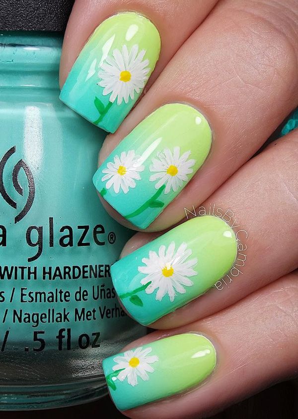 Gradient Nails With White Spring Flowers Nail Art