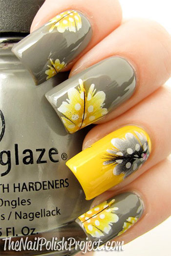 Gray Base Nails With Yellow Spring Flowers Nail Art