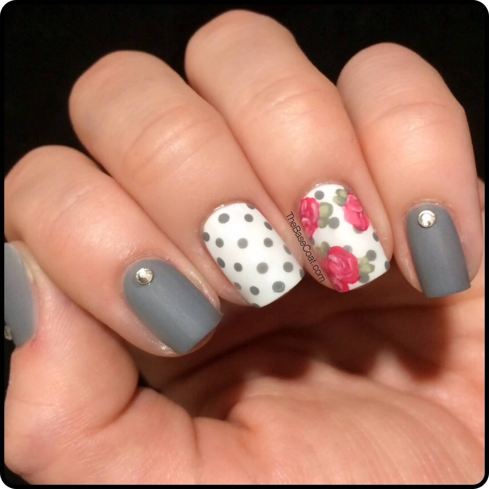 Gray Matte With Spring Flowers Nail Art