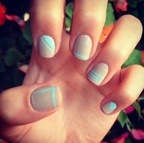 Gray Nails With Blue Stripes Design Spring Nail Art