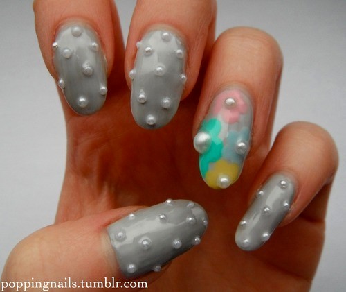 Gray Nails With Pearls Nail Art Design