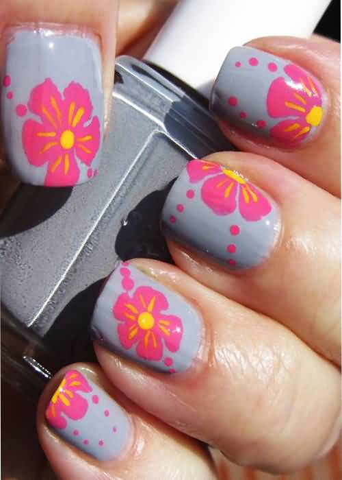 Gray Nails With Pink Spring Flowers Nail Art