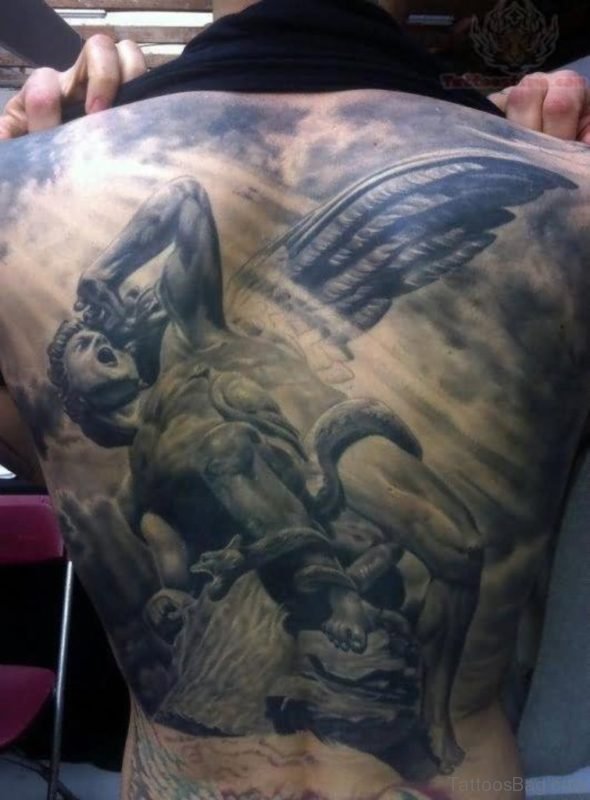 Great 3D Angel And Snake Tattoo On Full Back