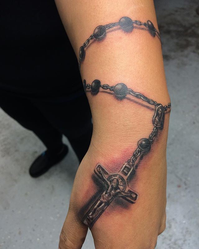 Great 3D Holy Rosary Tattoo On Wrist By Alex Vazquez