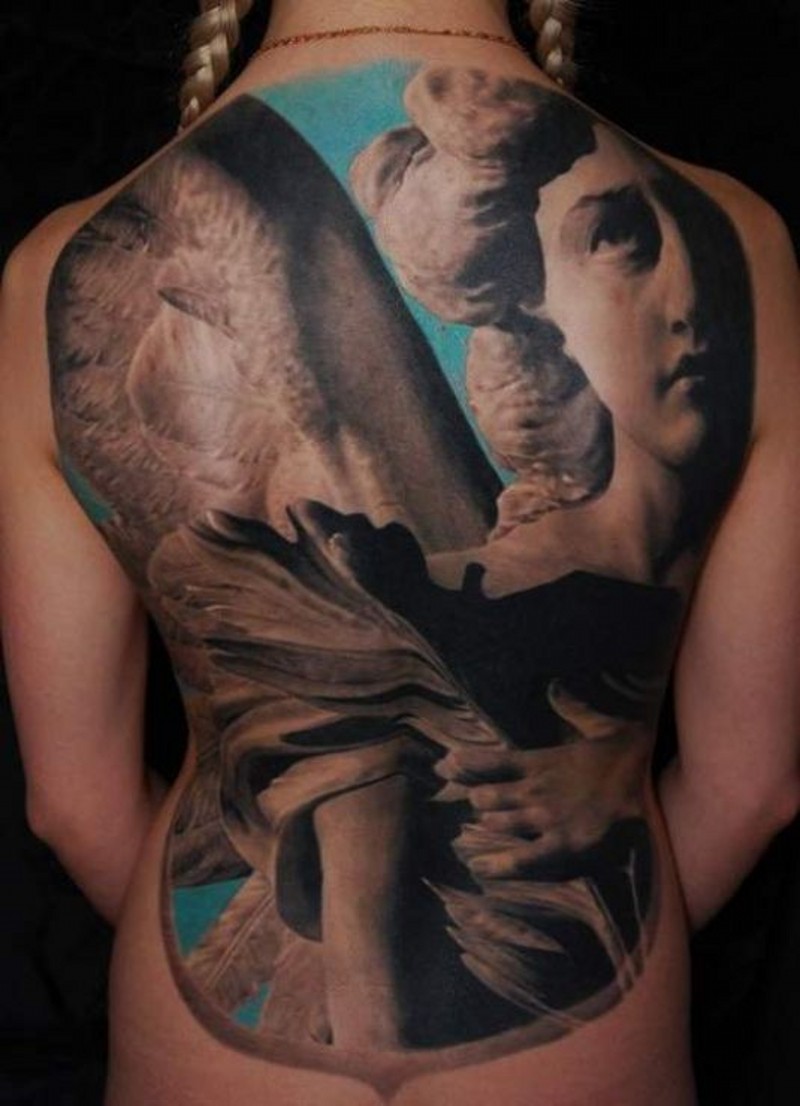 Great Color Angel Statue Tattoo On Full Back