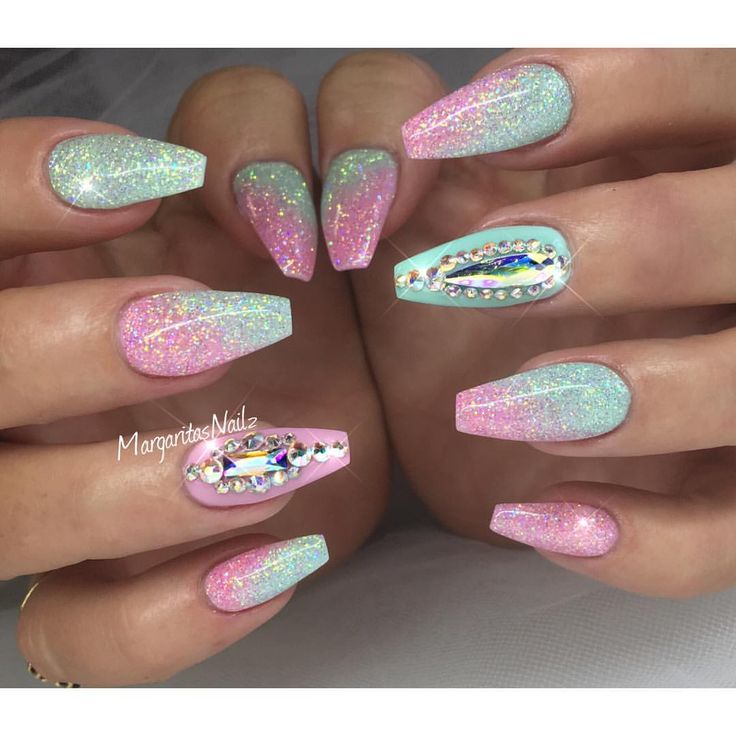 Green And Pink Glitter Gel Coffin Spring Nail Art With Rhinestones Design