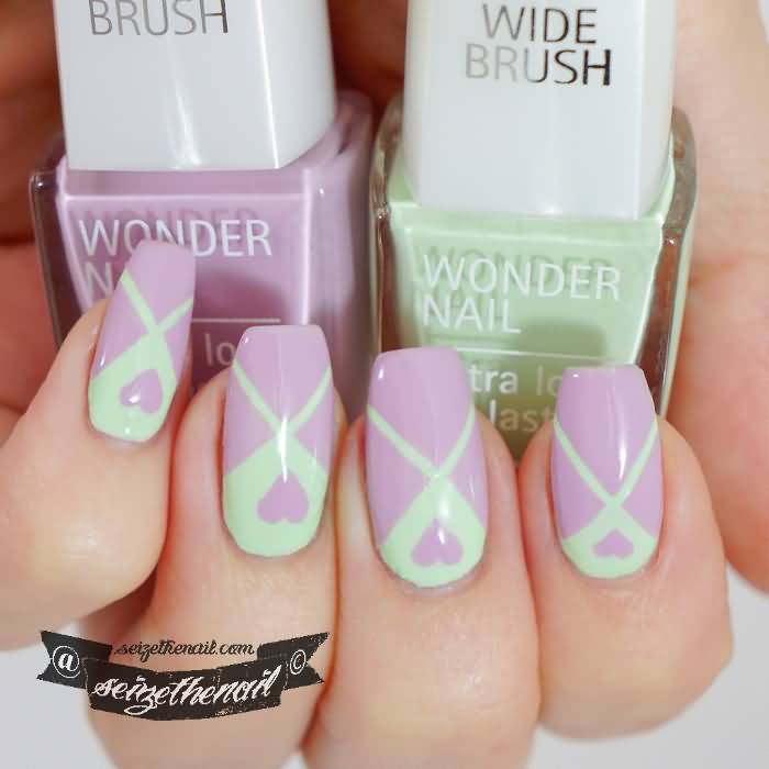 Green And Purple Heart Design Spring Nail Art