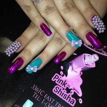 Green And Purple Nails With Pearls Design And Bow Nail Art