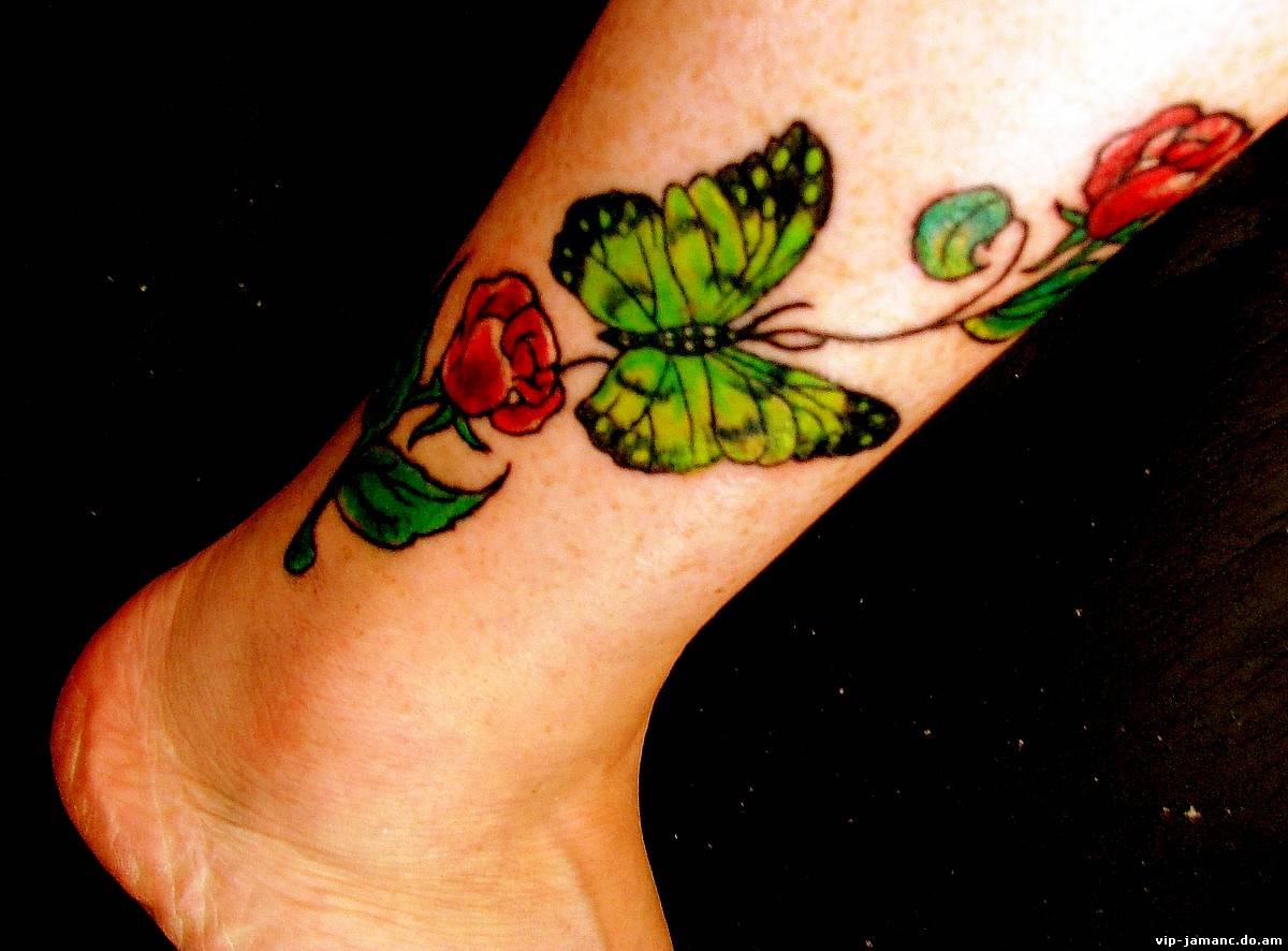 Green Butterfly With Roses Tattoo On Ankle