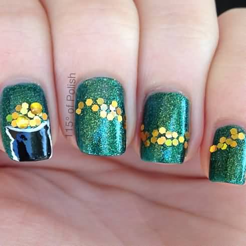 Green Glitter Nails With Golden Dots Saint Patrick's Day Nail Art