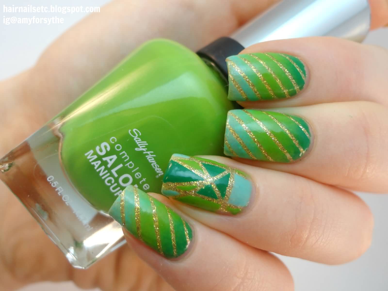 Green Gradient Nails With Gold Glitter Stripes Design Saint Patrick's Day Nail Art