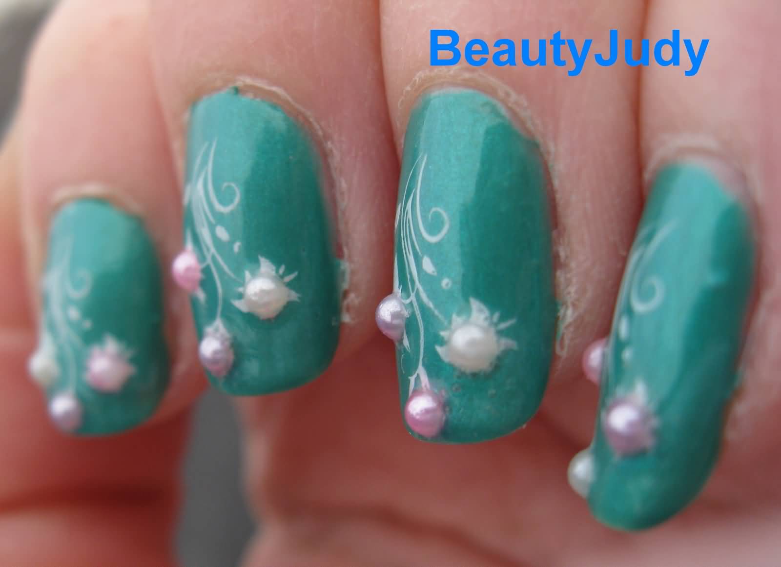 Green Nails With Pearls Flower Stamping Design Nail Art