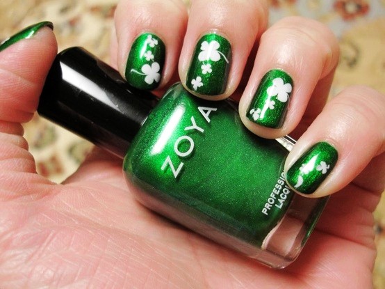 Green Nails With White Shamrock Leaf Saint Patrick's Day Nail Art