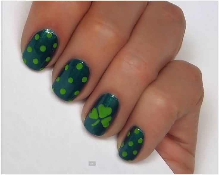 Green Polka Dots And Shamrock Leaf Saint Patrick's Day Nail Art
