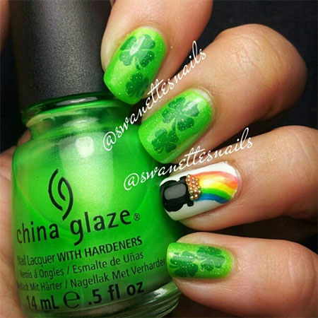 Green Shamrock Leafs And Rainbow With Pot Of Gold Saint Patrick's Day Nail Art