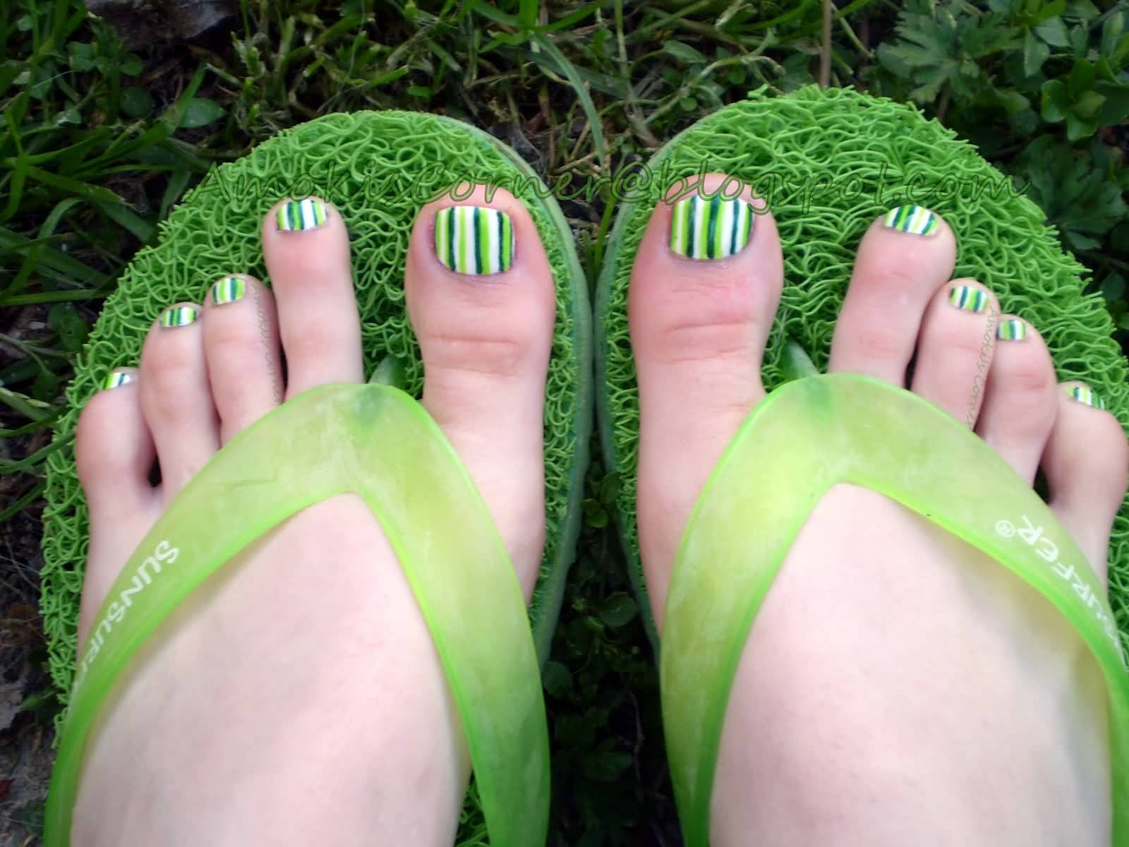Green Stripes Saint Patrick's Day Toe Nail Art