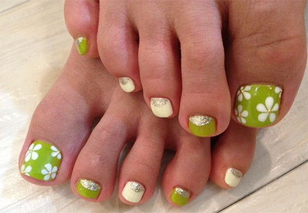 Green Toe Nails With White Spring Flowers Nail Art
