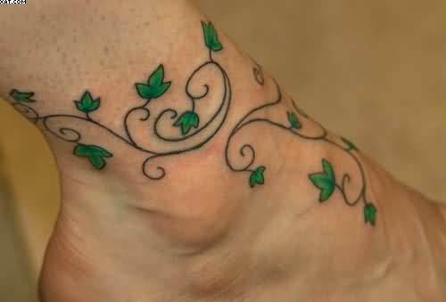 Green Vine Tattoo On Ankle And Foot