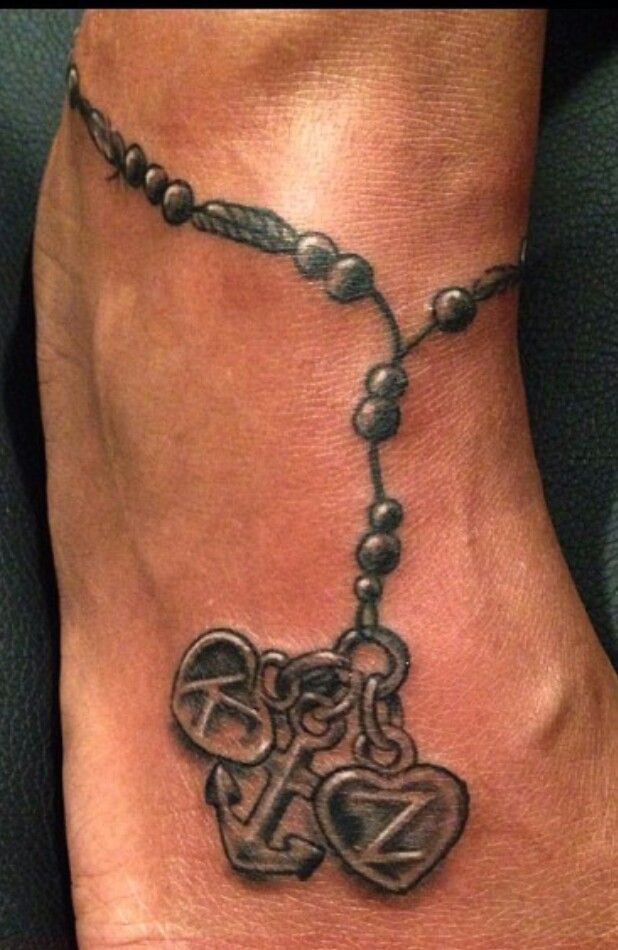 Grey Anchor Hearts Bracelet Tattoo On Ankle