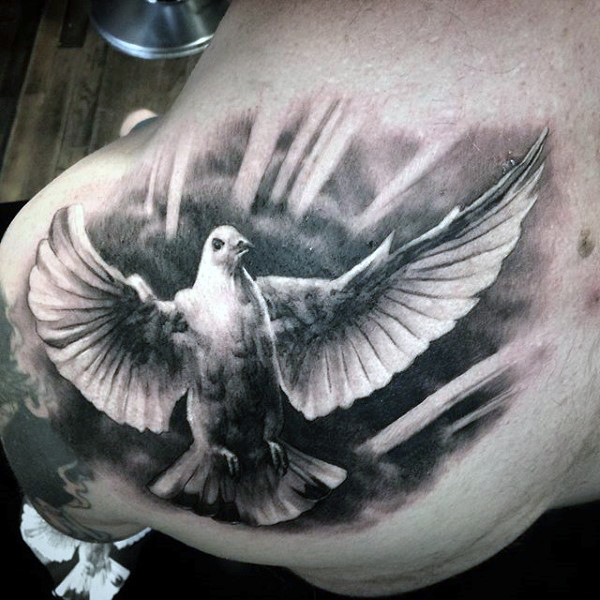 Grey And White Dove Tattoo On Left Back Shoulder