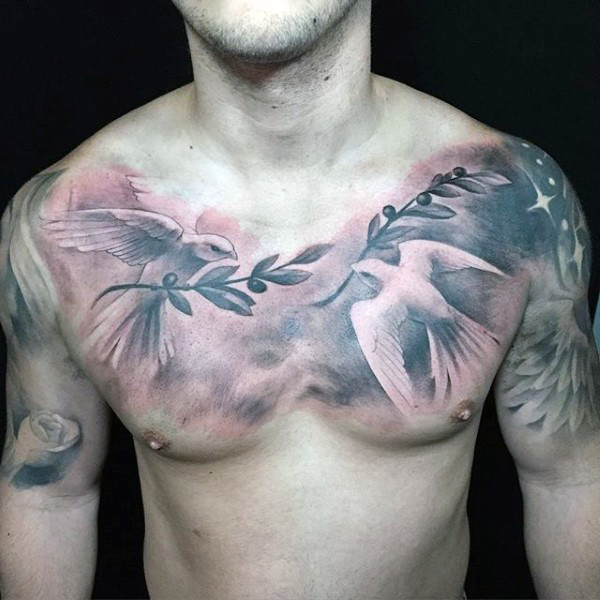 Grey And White Dove Tattoos On Chest For Men