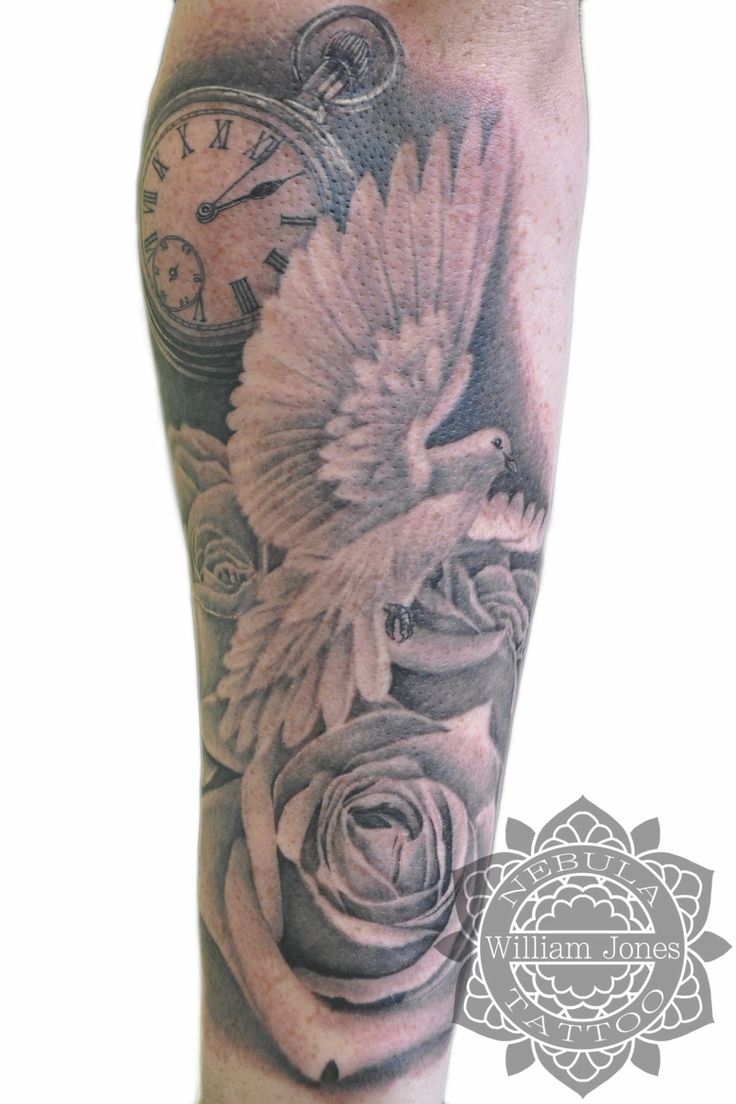 Grey And White Ink Dove Tattoo On Arm Sleeve