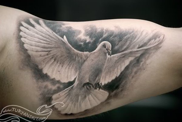Grey And White Ink Dove Tattoo On Inner Bicep
