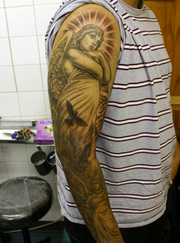 Grey Angel And Dove Tattoo On Man Right Sleeve