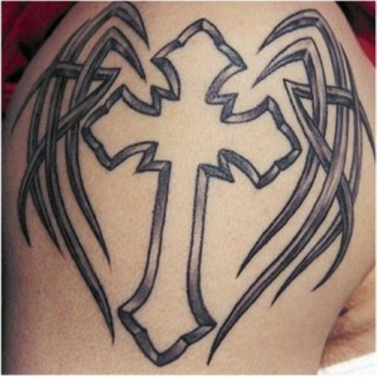 Grey Christian Cross With Tribal Wings Tattoo