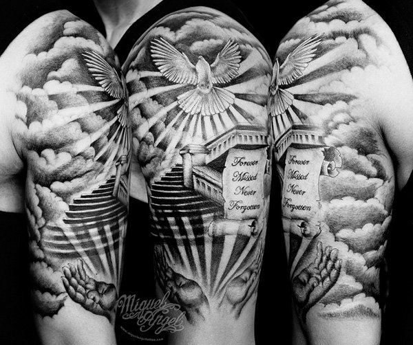 Grey Clouds And Dove Tattoo On Shoulder