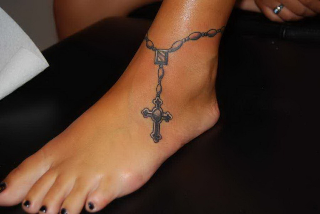 Grey Cross Bracelet Tattoo On Ankle