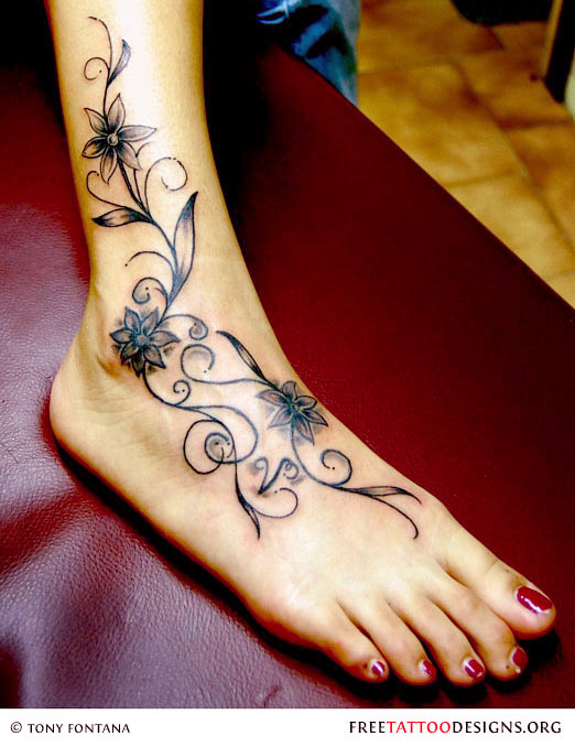 Grey Flower Vine Foot Tattoo For Girls