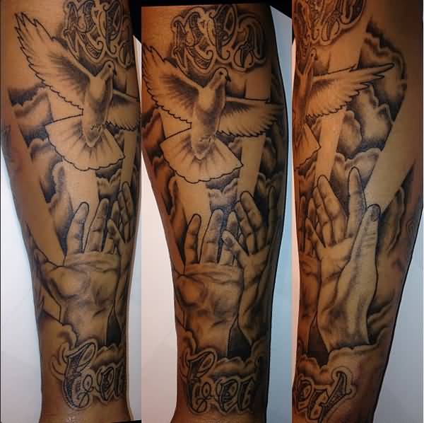Grey Hands And Flying Dove Tattoo On Sleeve