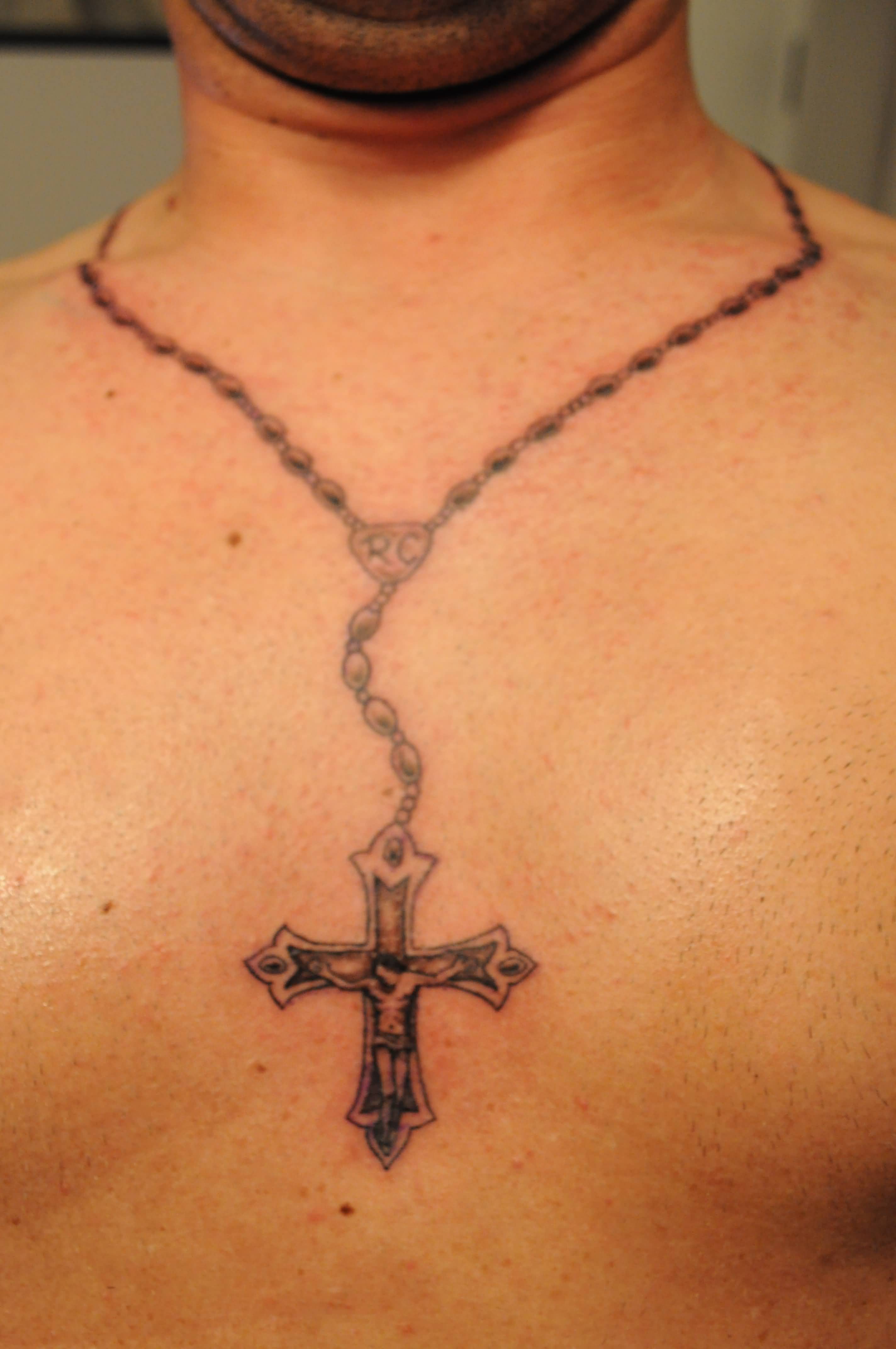 Grey Holy Rosary Tattoo Around Neck For Men