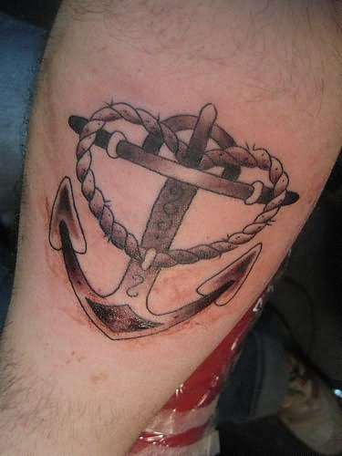 Grey Ink Anchor And Rope Tattoo On Leg