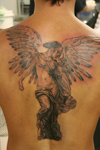 Grey Ink Angel Girl Tattoo On Back