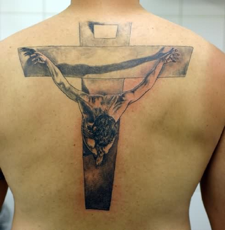 Grey Ink Christian Jesus Crucification Tattoo On Upper Back