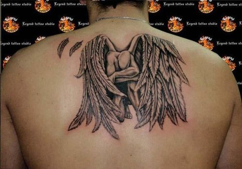 Grey Ink Fallen Angel Tattoo On Upper Back