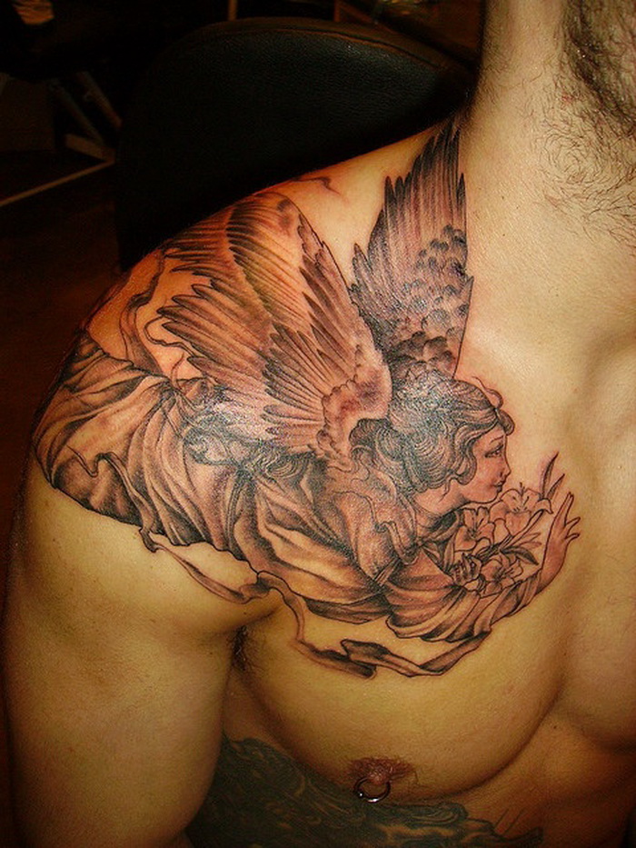 Grey Ink Flying Angel Tattoo On Man Shoulder