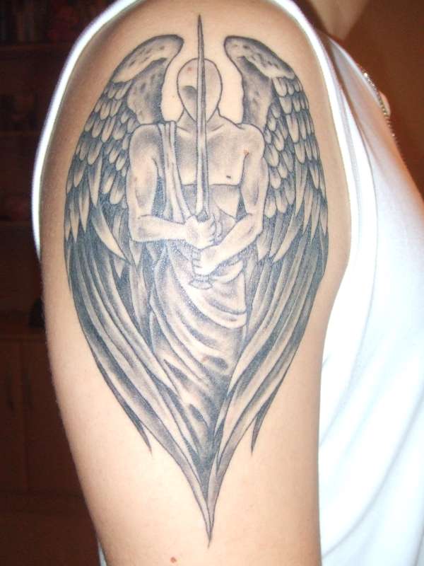 Grey Ink Guardian Angel Shoulder Tattoo For Men