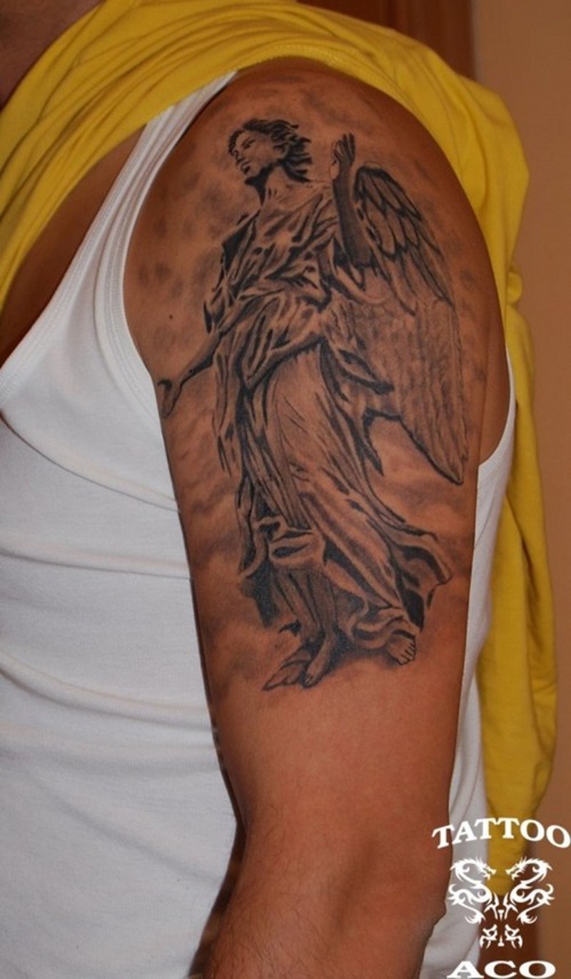 Grey Ink Guardian Angel Tattoo On Shoulder For Men