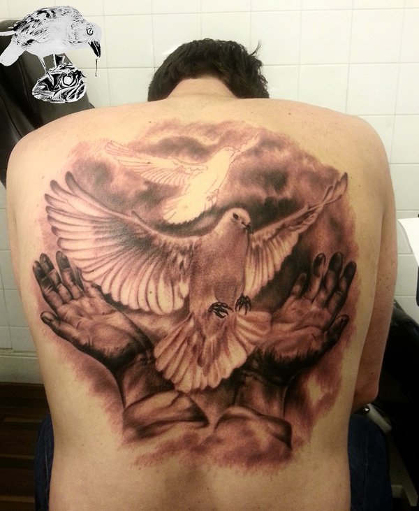 Grey Ink Hands And Realistic Dove Tattoo On Man Full Back