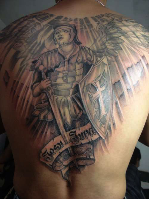 Grey Ink Holy Guardian Angel Tattoo On Back