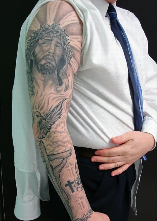 Grey Ink Jesus With Cross Christian Tattoo On Full Sleeve For Guys
