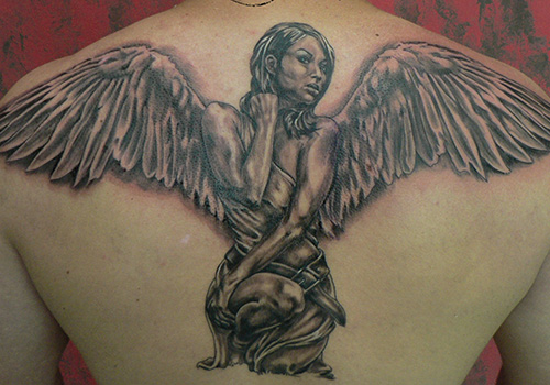 Grey Ink Lovely Angel Girl Tattoo On Upper Back