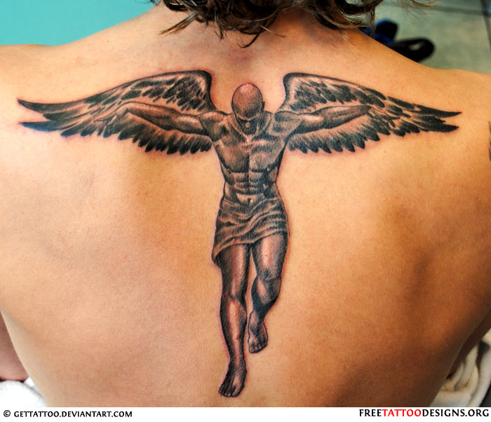 Grey Ink Man Angel Tattoo On Upper Back