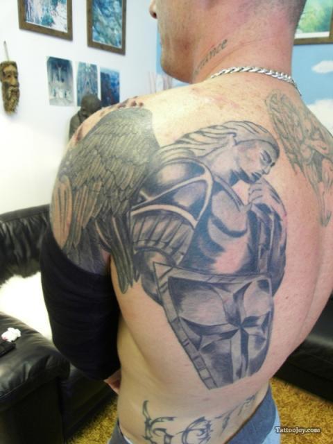 Grey Ink Man Back Shoulder Guardian Angel Tattoo